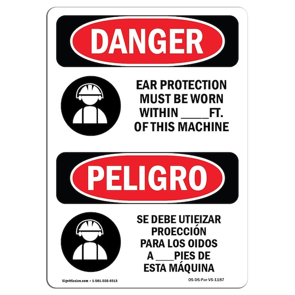 OSHA Sign, Ear Protection Must Worn Bilingual, 18in X 12in Rigid Plastic, 12" W, 18" H, Spanish